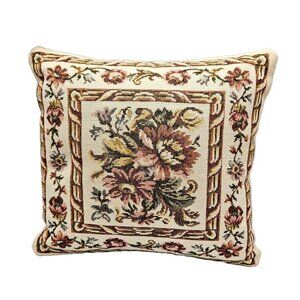 Vtg Ribbon Tapestry Pillow Floral Beige Needlepoint Zipper Cabin Country 12x12